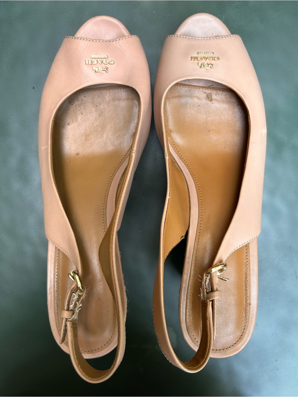 Coach Nude/Tan Leather Peep-Toe Slingback Flats